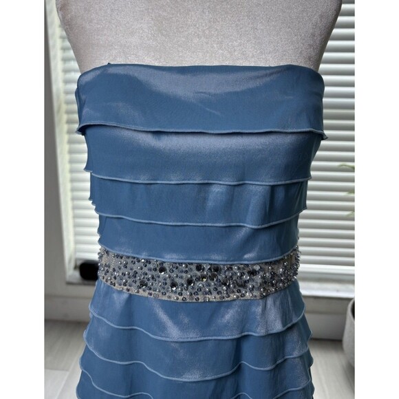 Adrianna Papell Blue Tiered Satin Dress & Jacket Set Beaded Waist Size 10 - Picture 8 of 17